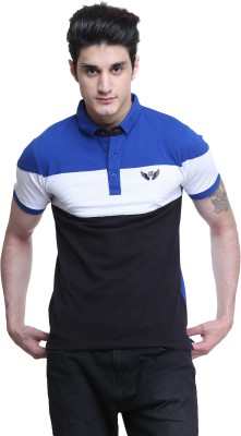 BRAVEZI Self Design, Striped, Solid Men Polo Neck Dark Blue, White, Blue T-Shirt
