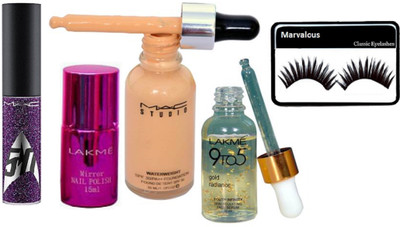 

Marvalous eyelashes , mac studio waterweight foundation , 9 to 5 gold radiance serum , mirror pink nail polish with star trek sparkle lip gloss(Set of 5)