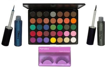 

Marvalous eyelashes , Mac 38 shades eyeshadow palette with Liquid last glitter Eyeliner Silver & Blue(Set of 4)