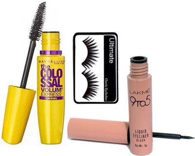 

Ultimate Eyelashes The Colossal Volume Express Waterproof Mascara & Lakme 9TO5 Liquid Eyeliner(Set of 3)