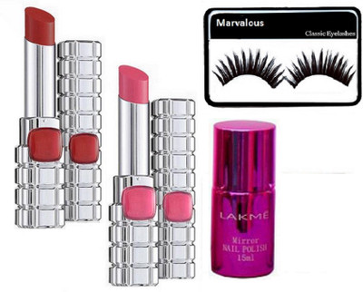 

Marvalous eyelashes , loreal paris shine lipstick by color riche (set of 2 ) with mirror nail polish(Set of 4)
