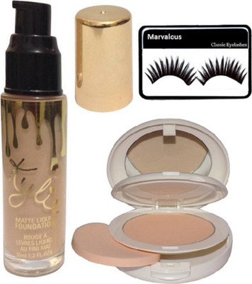 

Marvalous eyelashes , Kylie matte liquid foundation with mac lightful two way compact(Set of 3)