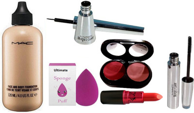 

Ultimate Sponge Puff, Mac Face And Body Foundation, Two Shade Blusher, Brooke Candy Eyeliner+ Mascara, Mac Long Lasting Matte Finish Lipstick(Set of 6)