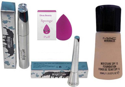 

divas beauty Sponge Puff With Mac Brooke Candy Eyeliner with mascara & Mineralize foundation(Set of 4)