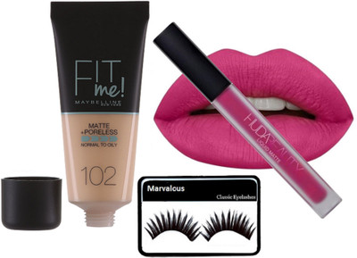 

Marvalous eyelashes , Fit Me Matte +poreless Foundation with huda beauty matte finish pink lip gloss(Set of 3)