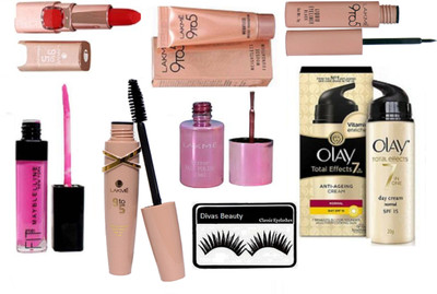 

divas beauty Eyelashes, lakme 9to5 weighless mousse foundation 6gm & liquid Eyeliner&Mascara With Matte finish long lasting lipstick With Olay cream & mirrr nail polish With pink lip gloss(Set of 8)