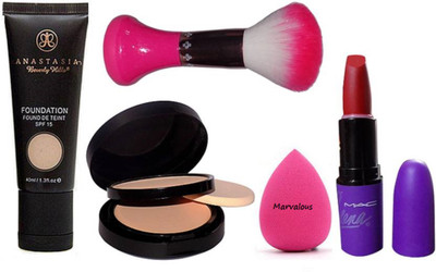

Marvalous Sponge Puff, Make-Up Brush, Anastasia Fond De Teint SPF 15 Beverly Hills Foundation With Powder Plus Foundation S. Fix Compact & Selena Matte Finish Long Lasting Lipstick(Set of 5)