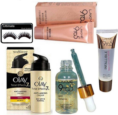 

Ultimate Eyelashes & Mac Waterweight Foundation & Lakme 9To5 Gold Radiance Face Serum & Brooke Candy eyeliner & Mascara & Pink Shade Blusher(Set of 5)