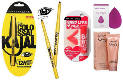 

divas beauty Sponge Puff&Colossal Kajal pack Of 3&Newyork Cherry Kiss Lipbalm&9 to5 Weightless Mousse(Set of 6)