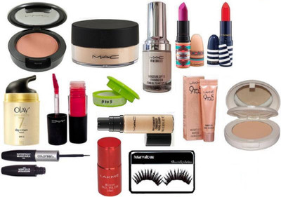 

Marvalous Eyelashes and mac Mineralize Foundatioln and Loose Powder and blusher and Compact and Lipstick 2 and Lip gloss and Weightless Concealer and Lakme 9to5 Mousse Foundation and Nail Polish and colorbar 2 In One liner and Mascara and Olay Total Effec