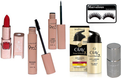 

Marvalous Eyelashes, 9 To 5 Eyeliner & Mascara, Lipstick, Nail Polish, Olay Total Effect Anti Ageing Cream(Set of 6)