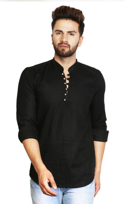 A-Okay Men Solid Straight Kurta(Black)