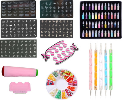 

Royalkart Master Nail art Kit With 5 image plates, Nail Stamper and Scrapper,48pcs Nail glitter, Dotting Tools and 1 3D nail Fruit design clay Wheel(Multicolor)