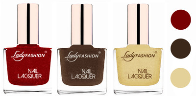 

Lady Fashion Glossy & Long Stay Nail Polish combo Red,Mettalic Brown,Mettalic Gold(Pack of 3)