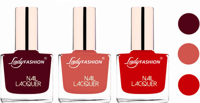 

Lady Fashion Glossy & Long Stay Nail Polish combo Maroon,Nude,Juicy red(Pack of 3)