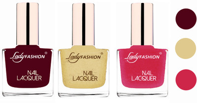 

Lady Fashion Glossy & Long Stay Nail Polish combo Maroon,Mettalic Gold,Mettalic pink(Pack of 3)