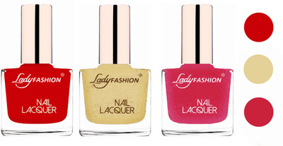 

Lady Fashion Glossy & Long Stay Nail Polish combo Juicy Red,Mettalic Gold,Mettalic Pink(Pack of 3)