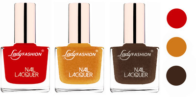

Lady Fashion Glossy & Long Stay Nail Polish combo Juicy Red,Golden,Mettalic Brown(Pack of 3)