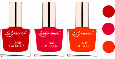 

Lady Fashion Glossy & Long Stay Nail Polish combo Juicy Red,Sweet Red,Juicy Orange(Pack of 3)