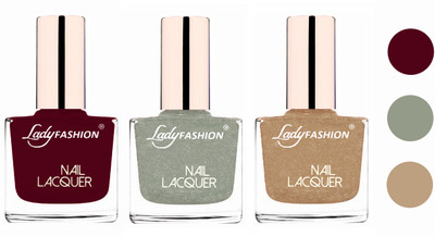 

Lady Fashion Glossy & Long Stay Nail Polish combo Maroon,Grey,Beach Nude(Pack of 3)