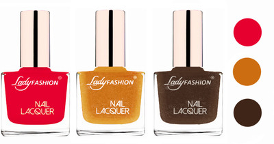

Lady Fashion Glossy & Long Stay Nail Polish combo Sweet Red,Golden,Mettalic brown(Pack of 3)