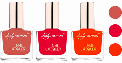 

Lady Fashion Glossy & Long Stay Nail Polish combo Nude,Sweet Red,Juicy Orange(Pack of 3)