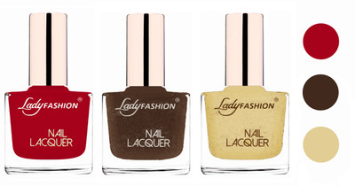 

Lady Fashion Glossy & Long Stay Nail Polish combo Dark Red,Mettalic Brown,Mettalic Gold(Pack of 3)