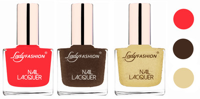 

Lady Fashion Glossy & Long Stay Nail Polish combo Baby Pink,Mettalic Brown,Mettalic Gold(Pack of 3)