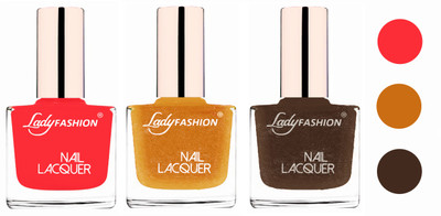 

Lady Fashion Glossy & Long Stay Nail Polish combo Baby Pink,Golden,Mettalic Brown(Pack of 3)