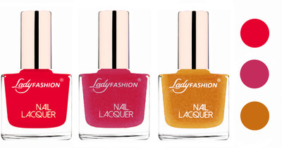 

Lady Fashion Glossy & Long Stay Nail Polish combo Sweet Red,Abricoat Rose,Golden(Pack of 3)