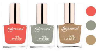 

Lady Fashion Glossy & Long Stay Nail Polish combo Light Orange,Grey,Beach Nude(Pack of 3)