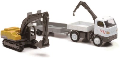 

New-Ray TRUCK WITH MOUNTED CRANE WITH Die Cast (1:58)Scale TRAILER + Die Cast 1:58 EXCAVATOR(White, Yellow)