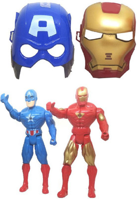 

IndusBay IronMan and Captain America Action figure Set with Face Mask Avengers Toy Figures for kids(Red, Blue)