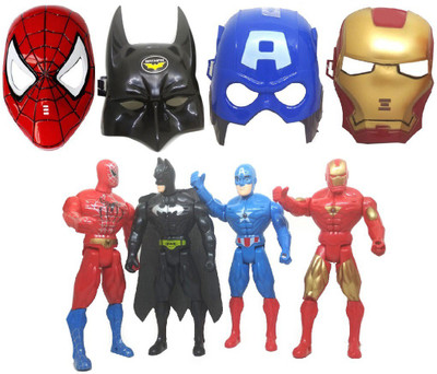 

IndusBay Superhero Action Figure with Face Mask Set of 4 (Ironman + Captain America + Batman + Spiderman)(Multicolor)