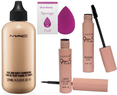 

divas beauty Sponge Puff & Face & Body Foundation Fond De Teint Visage Et Corps & 9 To 5 WaterProof Eyeliner & mascara(Set of 4)