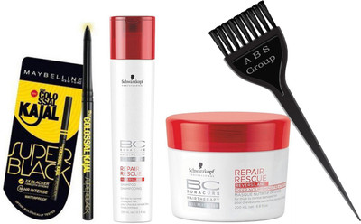 

a b s group hair brush,Bonacure rescue repair hair therapy shampoo, conditioner & maybelline the colossal kajal- pack of 4(Set of 4)