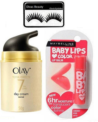 

divas beauty Eyelashes, Total Effect 7 in one day Cream 50 gm With Cherry Kiss Lip Balm(Set of 3)