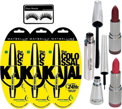 

divas beauty eyelashes & Colosal kajal set of 3 with colorbar lipstick set of 2 and brooke candy eyeliner and mascara(Set of 8)
