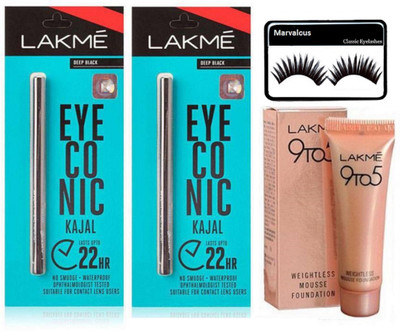

Marvalous eyelashes , Weightless mousse Foundation natural with eyeconic kajal ( pack of 2)(Set of 4)