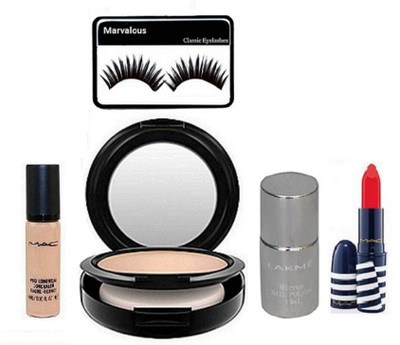 

Marvalous Eyelashes and Mac Studio Fix Compact and Pro longwear Concealer and Lipstick and Lakme Mirror Nail polish(Set of 5)