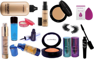 

divas beauty sponge puff , Mac face and body foundation, prep+prime highlight pearl radiant 24 hours , Skin base Visage primer, pro long wear liquid & bobbi brown concealer , liquid eyeliner & 180 wrap mascara, blusher, Lakme Mirror Nail Polish ( pack of 