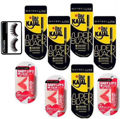 

Ultimate Eyelashes,Super Black Colossal Kajal Pack Of 5, Cherry kiss Lipbalm Set Of 3(Set of 9)