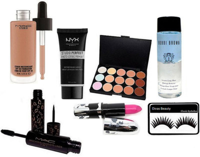 

divas beauty eyelashes &mac 2in 1 Eyeliner + mascara & mac Brook candy Lipstick & mac 15 shade Concealer palette & mac Studio Water weight Foundation & Bobbi brown Makeup Remover &Nyx Face Primer(Set of 7)