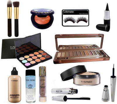 

Ultimate Of Eyelashes, Mac Face And Body Foundation 120 ml, Naked9 Urban Decay Eye Shadow Palette With 15 Shade Concealer+ Two Makeup Brush, Brook Candy Eyeliner & Mascara, Bobby Brown Makeup Remover, Highlighter, Orange Blusher, Loose Powder, Black Stick