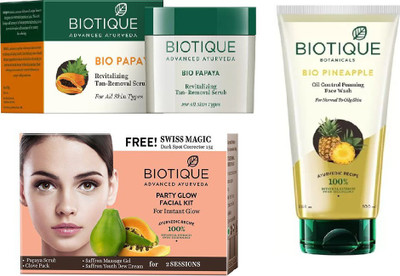 

BIOTIQUE BIO Bio Papaya Revitalizing Tan Removal Scrub, Bio Pineapple Oil Control Foaming Face Wash, Bio Party Glow Facial Kit(Set of 3)