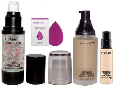 

divas beauty Sponge Puff & Prep+ Prime Skin Base Visage Primer, Liquid Foundation Fond De Teint & Pro Longwear Concealer(Set of 4)