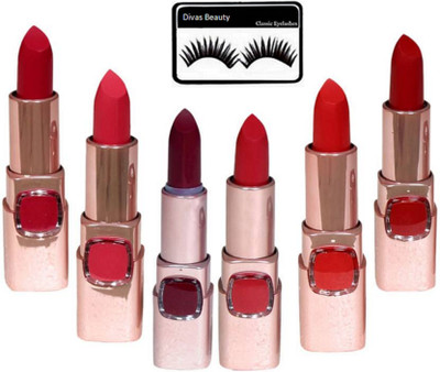

divas beauty eyelashes & 9 to 5 matte finish lipstick ( pack of 6)(Set of 7)
