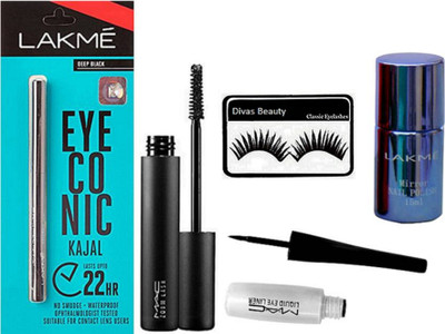

divas beauty Eyelashes With Eyeliner & Mascara With Eyeconic Kajal & Mirror Nail polish(Set of 5)