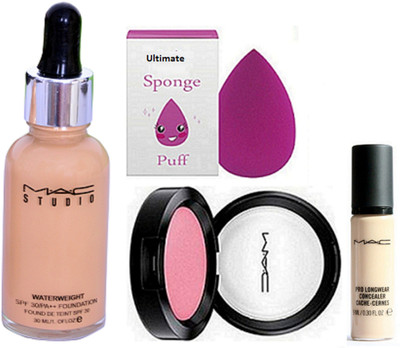 

Ultimate Sponge Puff, Mac Waterweight Foundation &Pro Long Wear Concealer & pink Shade Blusher(Set of 4)