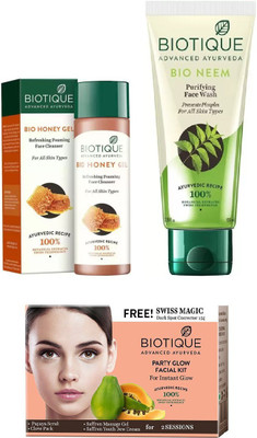 

BIOTIQUE BIO Bio Honey Gel Refreshing Foaming Face Wash, Bio Neem Purifying Face Wash, Bio Party Glow Facial Kit(Set of 3)